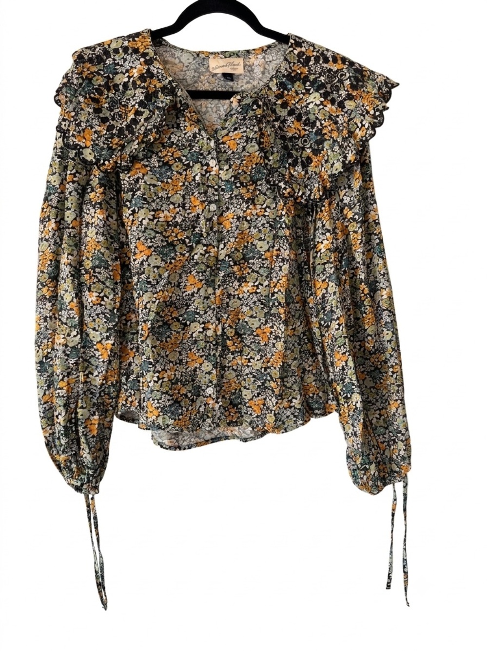 Universal Thread Floral Ruffle Tie-Sleeve Blouse - Green & Yellow Sz XL